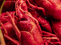 Crayfish are displayed at a barbecue stall at a night market in Nanning, China, on April 13, 2024. (