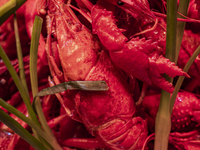 Crayfish are displayed at a barbecue stall at a night market in Nanning, China, on April 13, 2024. (