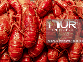 Crayfish are displayed at a barbecue stall at a night market in Nanning, China, on April 13, 2024. (