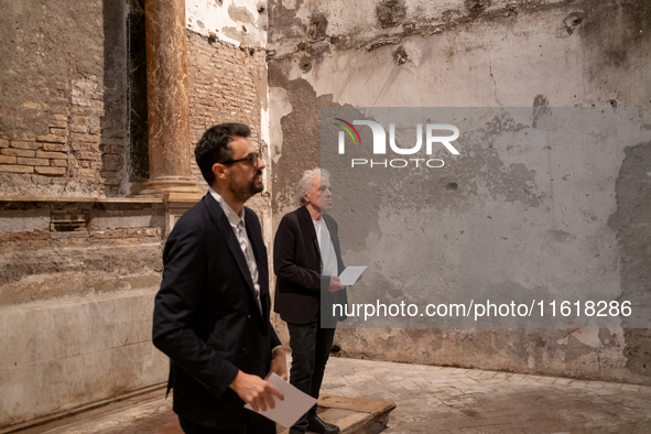 Poet Gabriele Tinti and director Abel Ferrara attend the ''Divine Echoes'' poems reading at Sant' Andrea De Scaphis in Rome, Italy, on Septe...