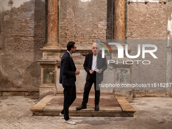 Poet Gabriele Tinti and director Abel Ferrara attend the ''Divine Echoes'' poems reading at Sant' Andrea De Scaphis in Rome, Italy, on Septe...