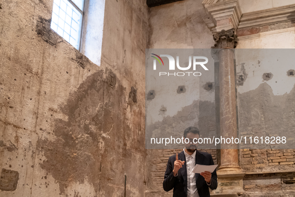 Poet Gabriele Tinti attends the ''Divine Echoes'' poems reading at Sant' Andrea De Scaphis in Rome, Italy, on September 28, 2024. 