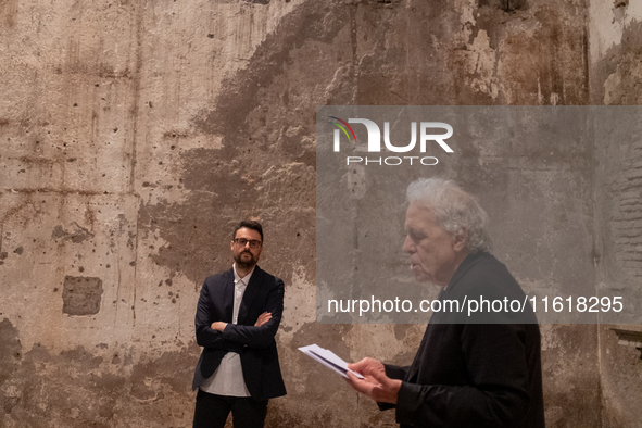 Poet Gabriele Tinti and director Abel Ferrara attend the ''Divine Echoes'' poems reading at Sant' Andrea De Scaphis in Rome, Italy, on Septe...