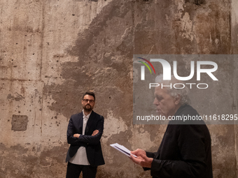 Poet Gabriele Tinti and director Abel Ferrara attend the ''Divine Echoes'' poems reading at Sant' Andrea De Scaphis in Rome, Italy, on Septe...