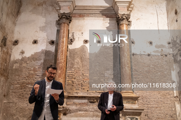 Poet Gabriele Tinti and director Abel Ferrara attend the ''Divine Echoes'' poems reading at Sant' Andrea De Scaphis in Rome, Italy, on Septe...