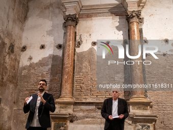 Poet Gabriele Tinti and director Abel Ferrara attend the ''Divine Echoes'' poems reading at Sant' Andrea De Scaphis in Rome, Italy, on Septe...