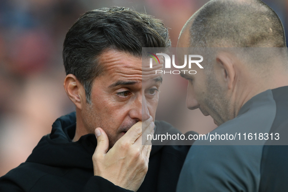 Marco Silva, manager of Fulham, has words with the fourth official ahead of the Premier League match between Nottingham Forest and Fulham at...