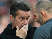 Marco Silva, manager of Fulham, has words with the fourth official ahead of the Premier League match between Nottingham Forest and Fulham at...