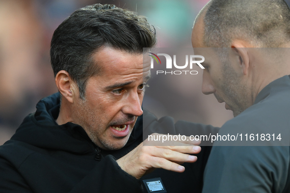 Marco Silva, manager of Fulham, has words with the fourth official ahead of the Premier League match between Nottingham Forest and Fulham at...