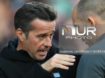 Marco Silva, manager of Fulham, has words with the fourth official ahead of the Premier League match between Nottingham Forest and Fulham at...