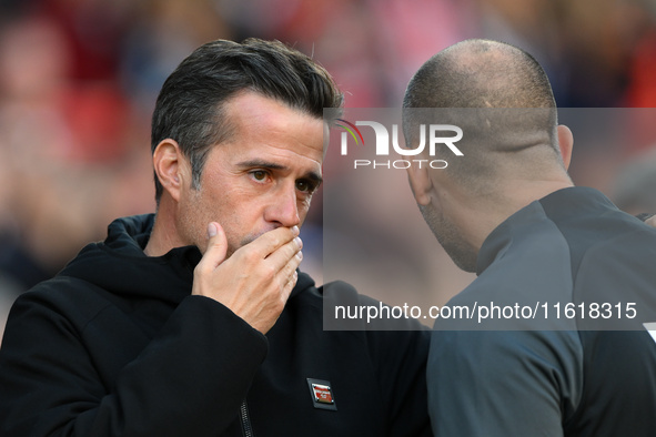 Marco Silva, manager of Fulham, has words with the fourth official ahead of the Premier League match between Nottingham Forest and Fulham at...