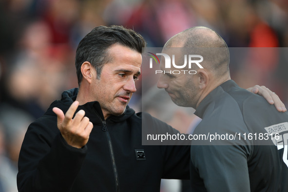 Marco Silva, manager of Fulham, has words with the fourth official ahead of the Premier League match between Nottingham Forest and Fulham at...