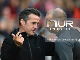 Marco Silva, manager of Fulham, has words with the fourth official ahead of the Premier League match between Nottingham Forest and Fulham at...