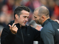 Marco Silva, manager of Fulham, has words with the fourth official ahead of the Premier League match between Nottingham Forest and Fulham at...