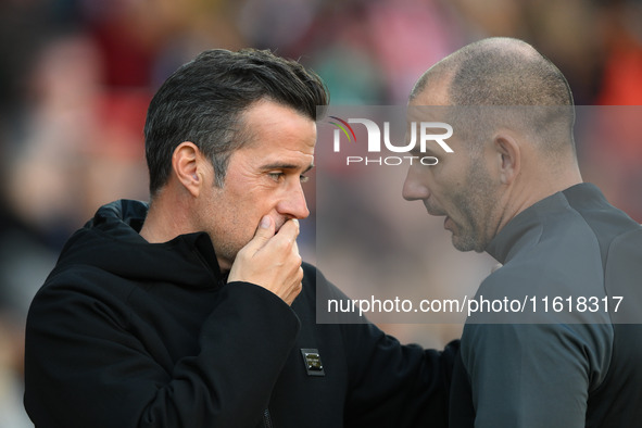 Marco Silva, manager of Fulham, has words with the fourth official ahead of the Premier League match between Nottingham Forest and Fulham at...