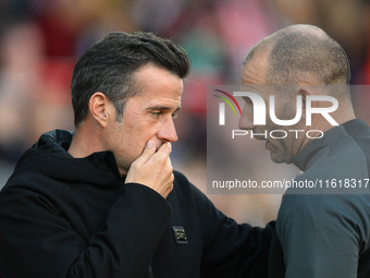 Marco Silva, manager of Fulham, has words with the fourth official ahead of the Premier League match between Nottingham Forest and Fulham at...