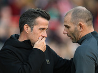 Marco Silva, manager of Fulham, has words with the fourth official ahead of the Premier League match between Nottingham Forest and Fulham at...