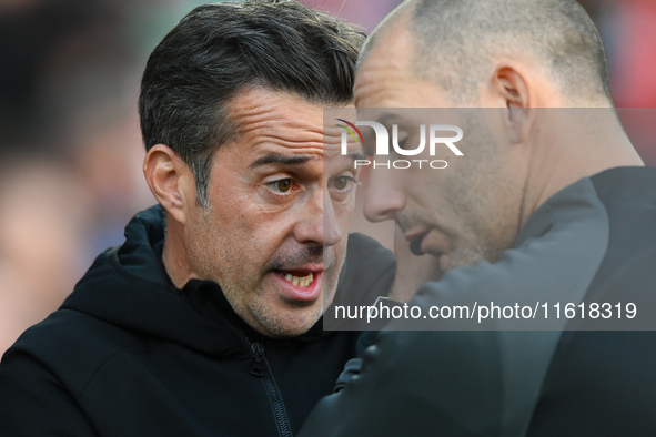 Marco Silva, manager of Fulham, has words with the fourth official ahead of the Premier League match between Nottingham Forest and Fulham at...