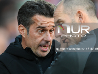 Marco Silva, manager of Fulham, has words with the fourth official ahead of the Premier League match between Nottingham Forest and Fulham at...