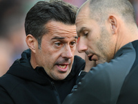 Marco Silva, manager of Fulham, has words with the fourth official ahead of the Premier League match between Nottingham Forest and Fulham at...