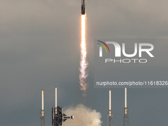 A SpaceX Falcon 9 rocket lifts off from launch pad 40 at the Cape Canaveral Space Force Station in Florida, carrying astronaut Nick Hague (N...