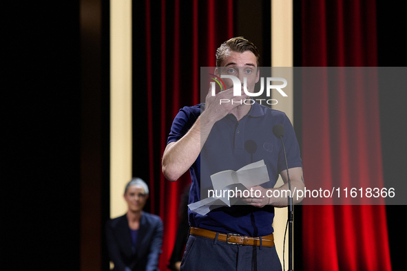 In San Sebastian, Spain, on September 28, 2024, actor Pierre Lottin receives the Silver Shell for Best Supporting Performance during the 72n...