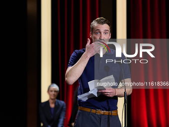 In San Sebastian, Spain, on September 28, 2024, actor Pierre Lottin receives the Silver Shell for Best Supporting Performance during the 72n...