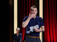 In San Sebastian, Spain, on September 28, 2024, actor Pierre Lottin receives the Silver Shell for Best Supporting Performance during the 72n...