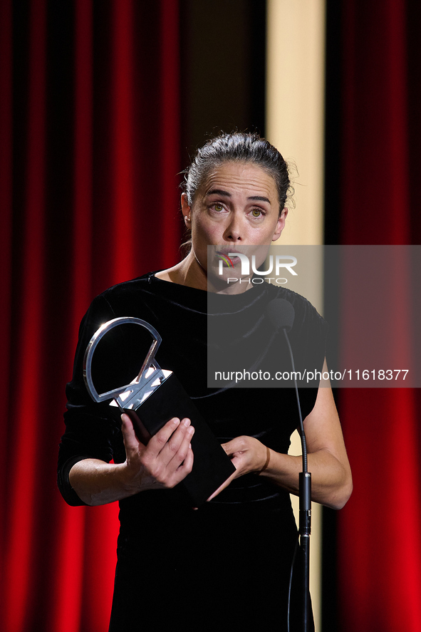 Actress Patricia Lopez Arnaiz receives the Silver Shell for Best Lead Performance during the 72nd edition of the San Sebastian International...