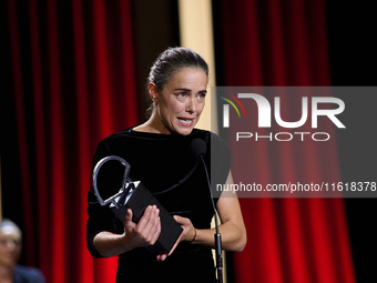 Actress Patricia Lopez Arnaiz receives the Silver Shell for Best Lead Performance during the 72nd edition of the San Sebastian International...