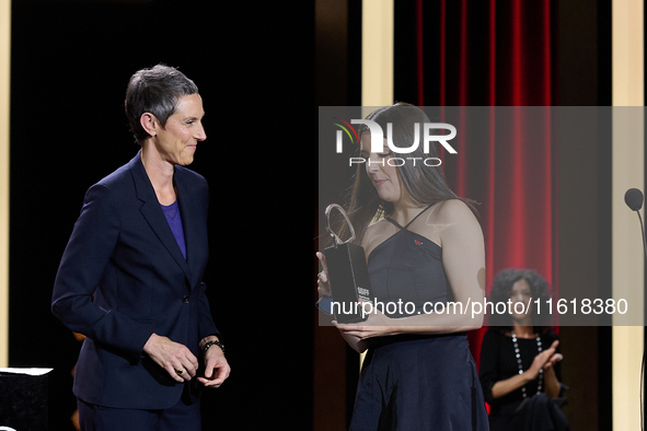 In San Sebastian, Spain, on September 28, 2024, director Laura Carreira receives the Silver Shell for Best Direction during the 72nd edition...