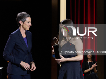 In San Sebastian, Spain, on September 28, 2024, director Laura Carreira receives the Silver Shell for Best Direction during the 72nd edition...