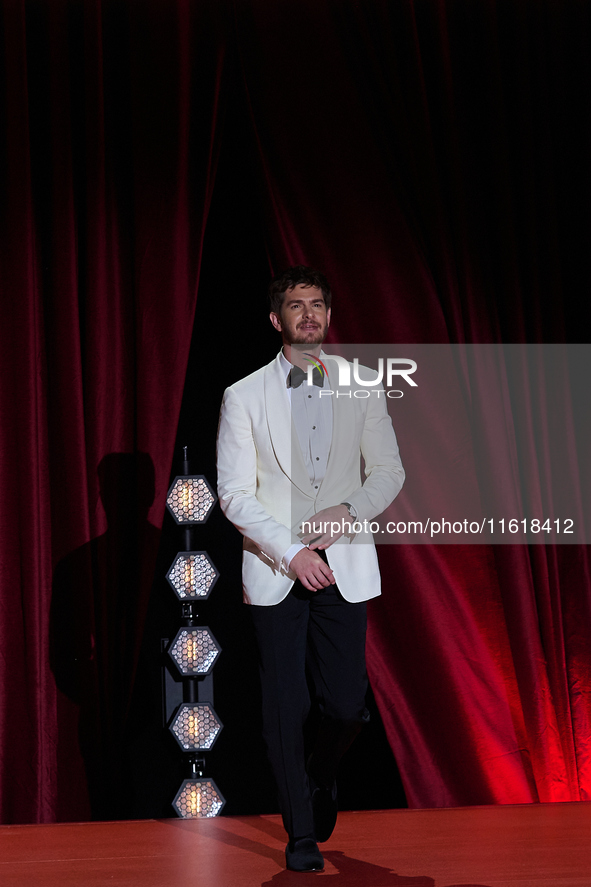 Andrew Garfield and John Crowey present the film We Live in Time during the 72nd edition of the San Sebastian International Film Festival in...