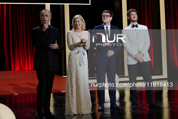 Andrew Garfield and John Crowey present the film We Live in Time during the 72nd edition of the San Sebastian International Film Festival in...