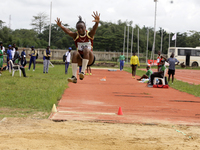 Success Udo-Gabriel of the University of Lagos, a bronze medallist in the triple jump, jumps during the final of the long jump, female categ...