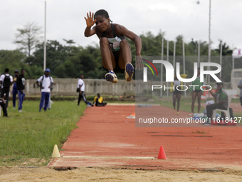 Olise Favour Amaka of Delta State University, Abraka, Delta State, Nigeria, bronze medallist, jumps during the final of the long jump, femal...