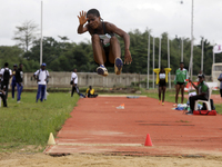 Olise Favour Amaka of Delta State University, Abraka, Delta State, Nigeria, bronze medallist, jumps during the final of the long jump, femal...