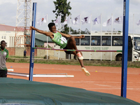 Adongo Celina of the University for Development Studies in Tamale, Ghana, scales the bar in the high jump female category during the 11th Al...