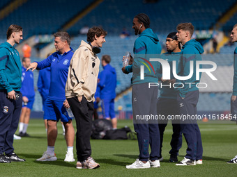 Brenden Aaronson (Leeds United) talks to USMNT teammate Haji Wright (Coventry City) before the Sky Bet Championship match between Leeds Unit...