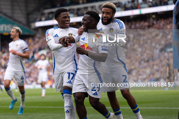 Willy Gnonto (Leeds United) scores his team's first goal and celebrates with Largie Ramazani (Leeds United) and Jayden Bogle (Leeds United)...