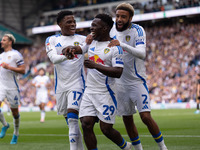 Willy Gnonto (Leeds United) scores his team's first goal and celebrates with Largie Ramazani (Leeds United) and Jayden Bogle (Leeds United)...