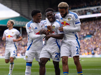 Willy Gnonto (Leeds United) scores his team's first goal and celebrates with Largie Ramazani (Leeds United) and Jayden Bogle (Leeds United)...