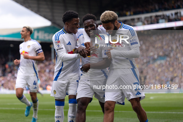 Willy Gnonto (Leeds United) scores his team's first goal and celebrates with Largie Ramazani (Leeds United) and Jayden Bogle (Leeds United)...