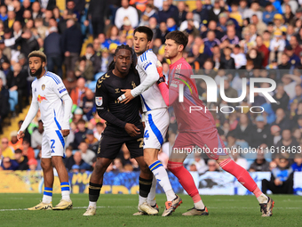 Illan Meslier (Leeds United) pushes Ilia Gruev (Leeds United) into Brandon Thomas-Asante (Coventry City) during the Sky Bet Championship mat...