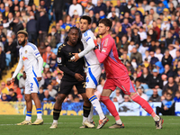 Illan Meslier (Leeds United) pushes Ilia Gruev (Leeds United) into Brandon Thomas-Asante (Coventry City) during the Sky Bet Championship mat...