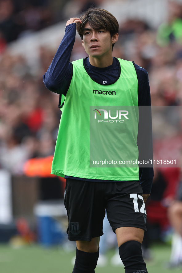 Tatsuki Seko of Stoke City warms up during the Sky Bet Championship match between Middlesbrough and Stoke City at the Riverside Stadium in M...