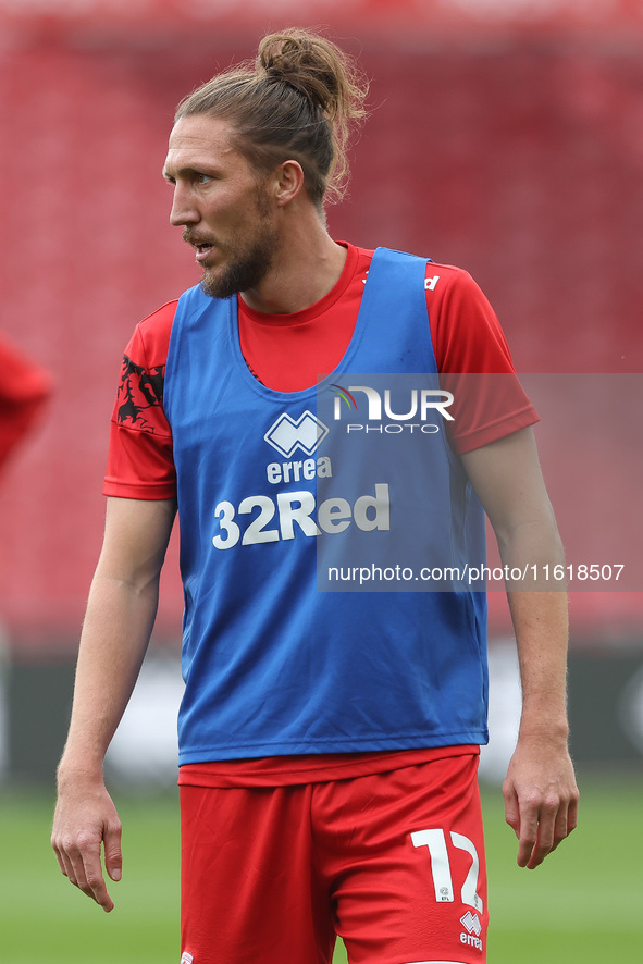 Luke Ayling of Middlesbrough warms up during the Sky Bet Championship match between Middlesbrough and Stoke City at the Riverside Stadium in...