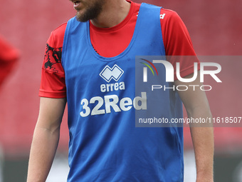 Luke Ayling of Middlesbrough warms up during the Sky Bet Championship match between Middlesbrough and Stoke City at the Riverside Stadium in...