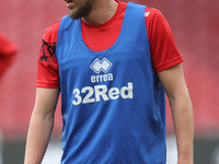 Luke Ayling of Middlesbrough warms up during the Sky Bet Championship match between Middlesbrough and Stoke City at the Riverside Stadium in...