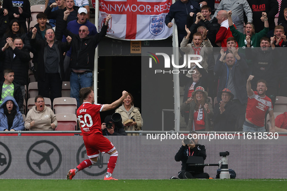 Middlesbrough's Ben Doak celebrates after scoring their first goal during the Sky Bet Championship match between Middlesbrough and Stoke Cit...